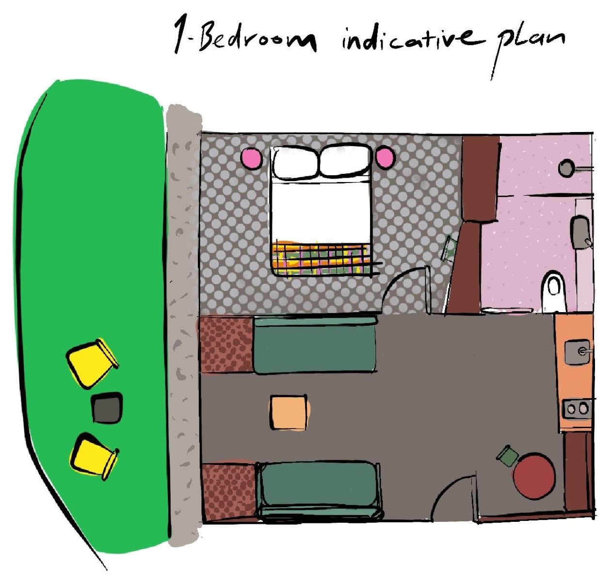 One-bedroom indicative plan for Bomen Harrietville, showing layout with bedroom, bathroom, living and dining area, kitchen and outdoor lawn area with seating; Accommodation Bright, Mid Century Stays, Victoria Alpine