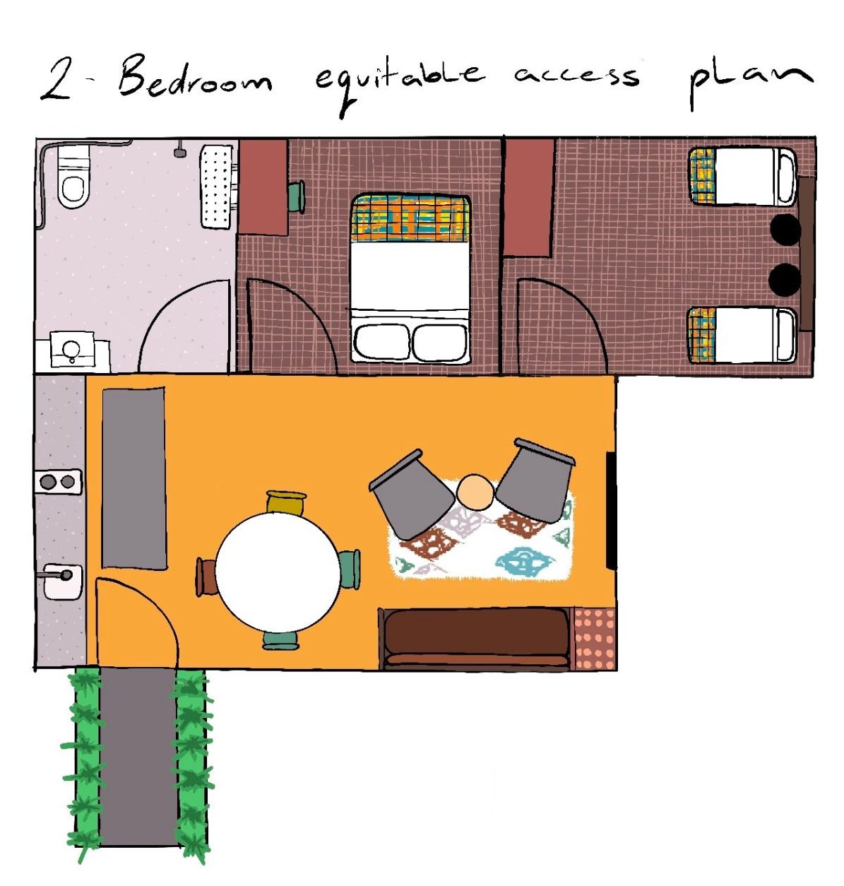 Illustrated equitable-access floor plan for a 2-bedroom cabin at Bomen Harrietville, showing two bedrooms, accessible bathroom, spacious open-plan kitchen and dining area, living space, and outdoor entrance path; Accommodation Bright, Mid Century Stays, Victoria Alpine