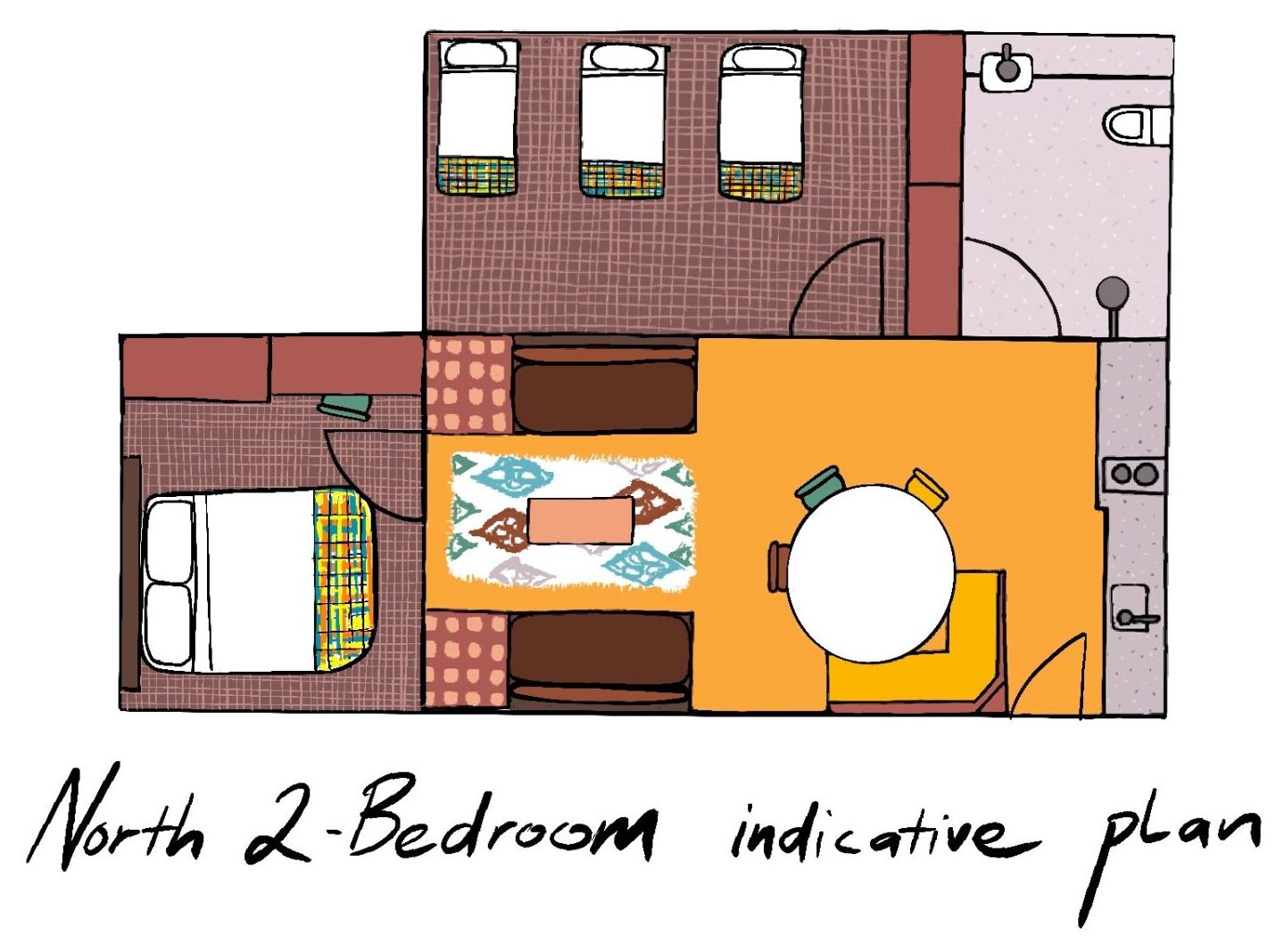 North 2-bedroom indicative plan for Bomen Harrietville, showing layout of two bedrooms, living/dining area, kitchen and bathroom; Accommodation Bright, Mid Century Stays, Victoria Alpine