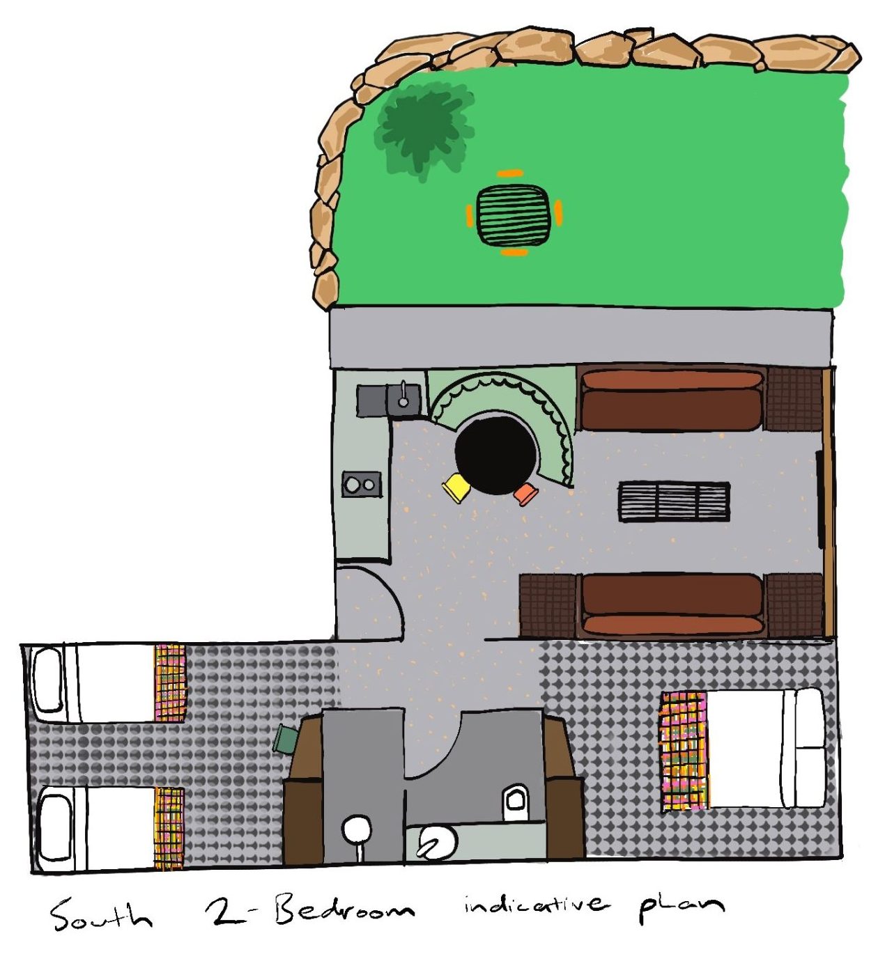 South 2-bedroom indicative plan for Bomen Harrietville, showing layout of two bedrooms, living and dining area, kitchen, bathroom and outdoor terrace; Accommodation Bright, Mid Century Stays, Victoria Alpine